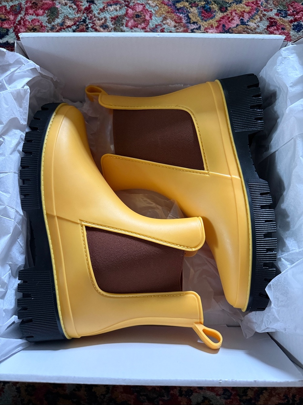 Yellow Chelsea Rain Boots with Brown Panels for Women